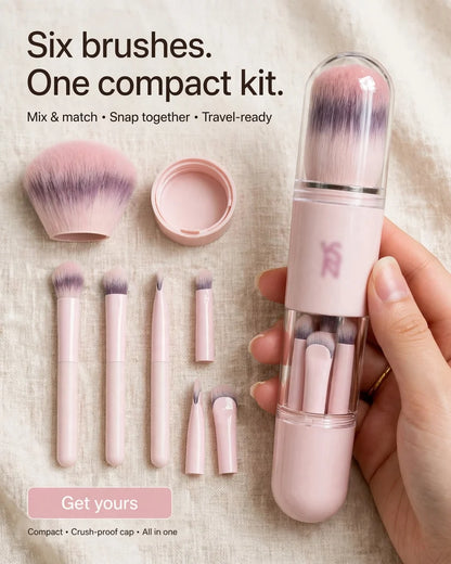 Portable Retractable Makeup Brush Set Multifunctional Travel Cosmetic Tool with Powder Blush and Silicone Lip Brush