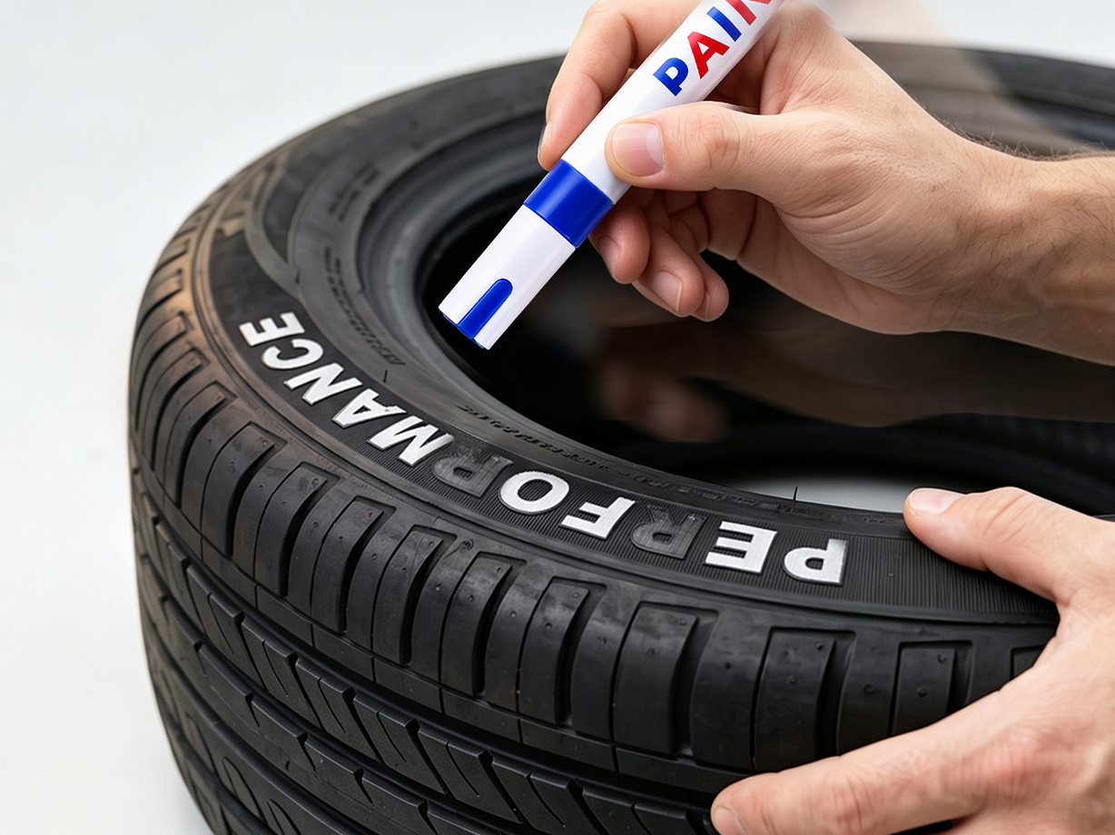 Person preparing a paint marker next to a tire