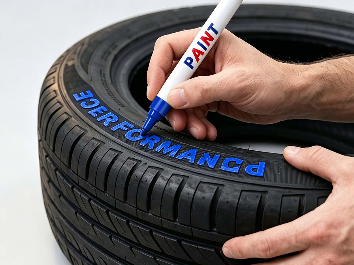 Applying blue paint to tire sidewall lettering