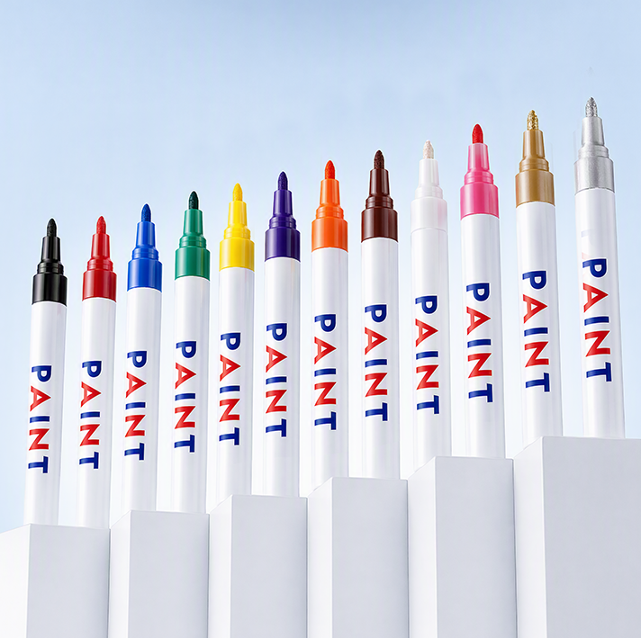 Twelve available colors of oil based paint markers