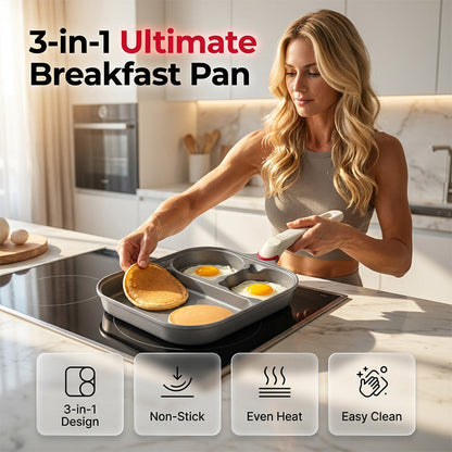🍳 50% OFF NOW! 3-in-1 Non-Stick Breakfast Pan, Multi-Compartment Frying Pan, Even Heat Distribution, Compatible with All Stovetops for Eggs, Pancakes, and Breakfast Meals