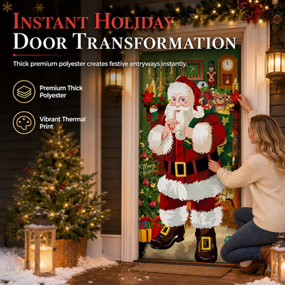 Christmas Door Cover - Santa & Reindeer Stretch Fabric Door Banner with 4-Side Elastic Edges, DIY Door Handle Cutout, Slip-On Front Door Holiday Decor